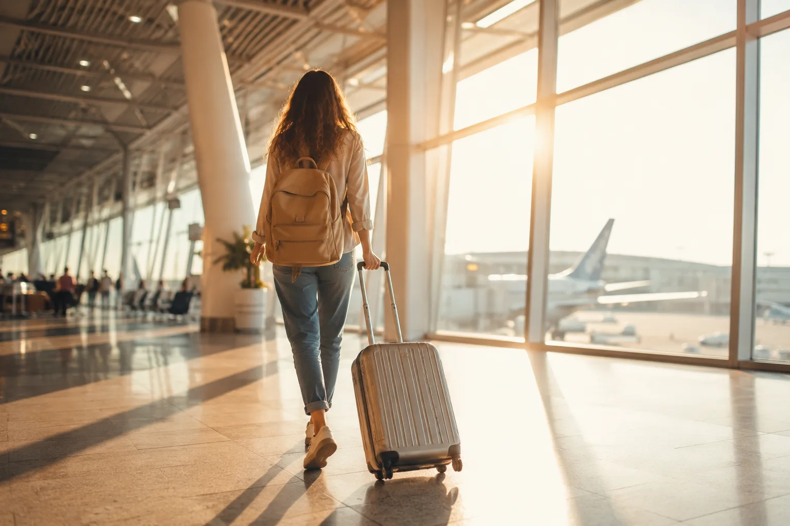Traveler walking through a bright airport terminal toward the gates at golden hour