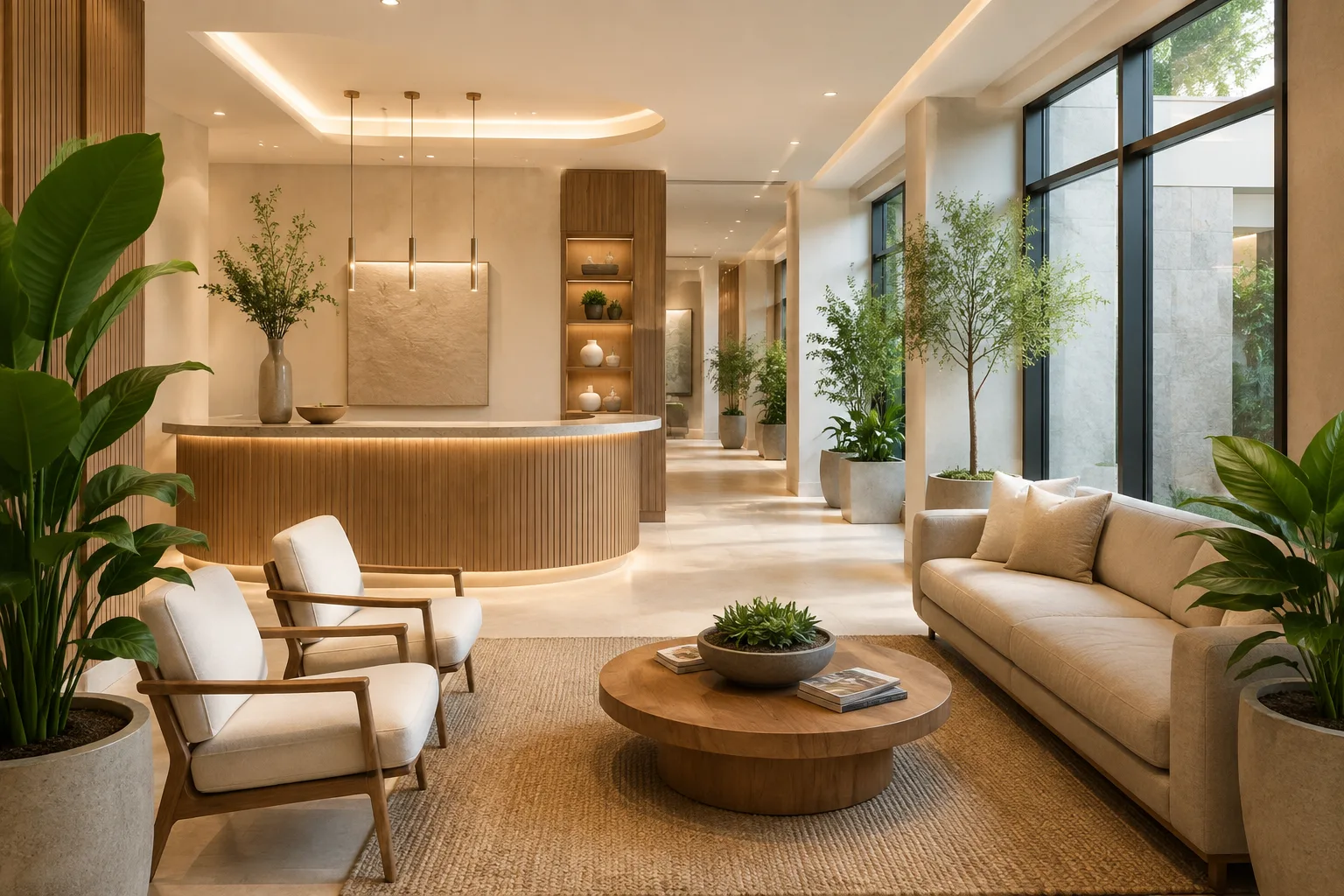 Calm, warm clinic lounge with plants, wood accents, and soft light — no dental equipment in sight