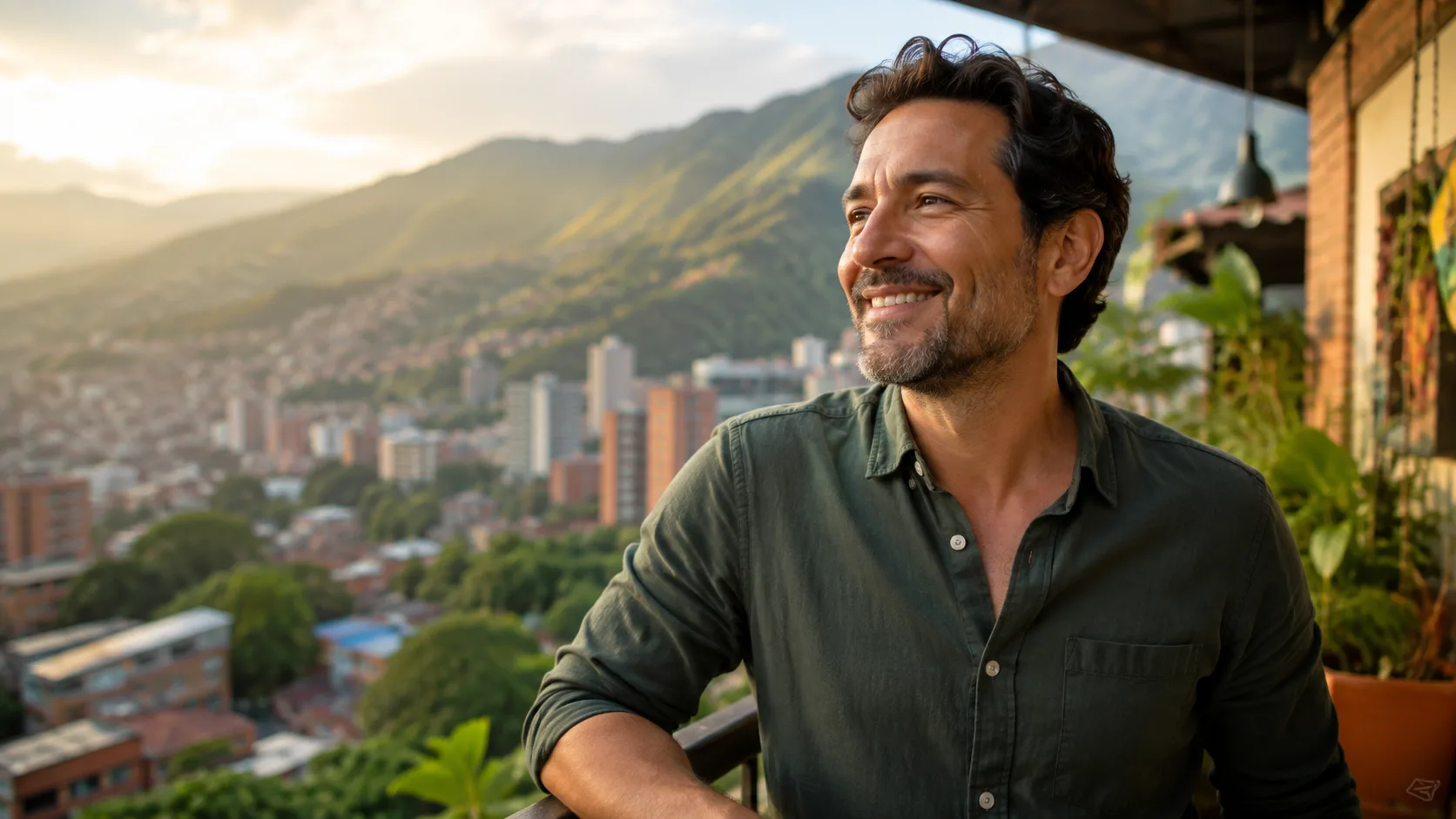 Relaxed man smiling on a sunlit balcony overlooking Medellín's green mountains