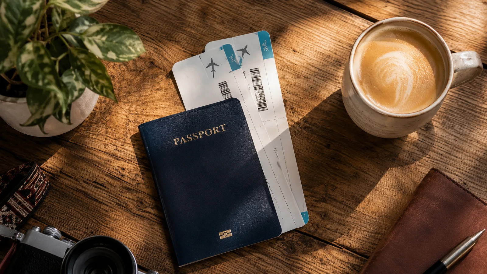 Passport, boarding passes, and a coffee on a warm wooden table in morning light