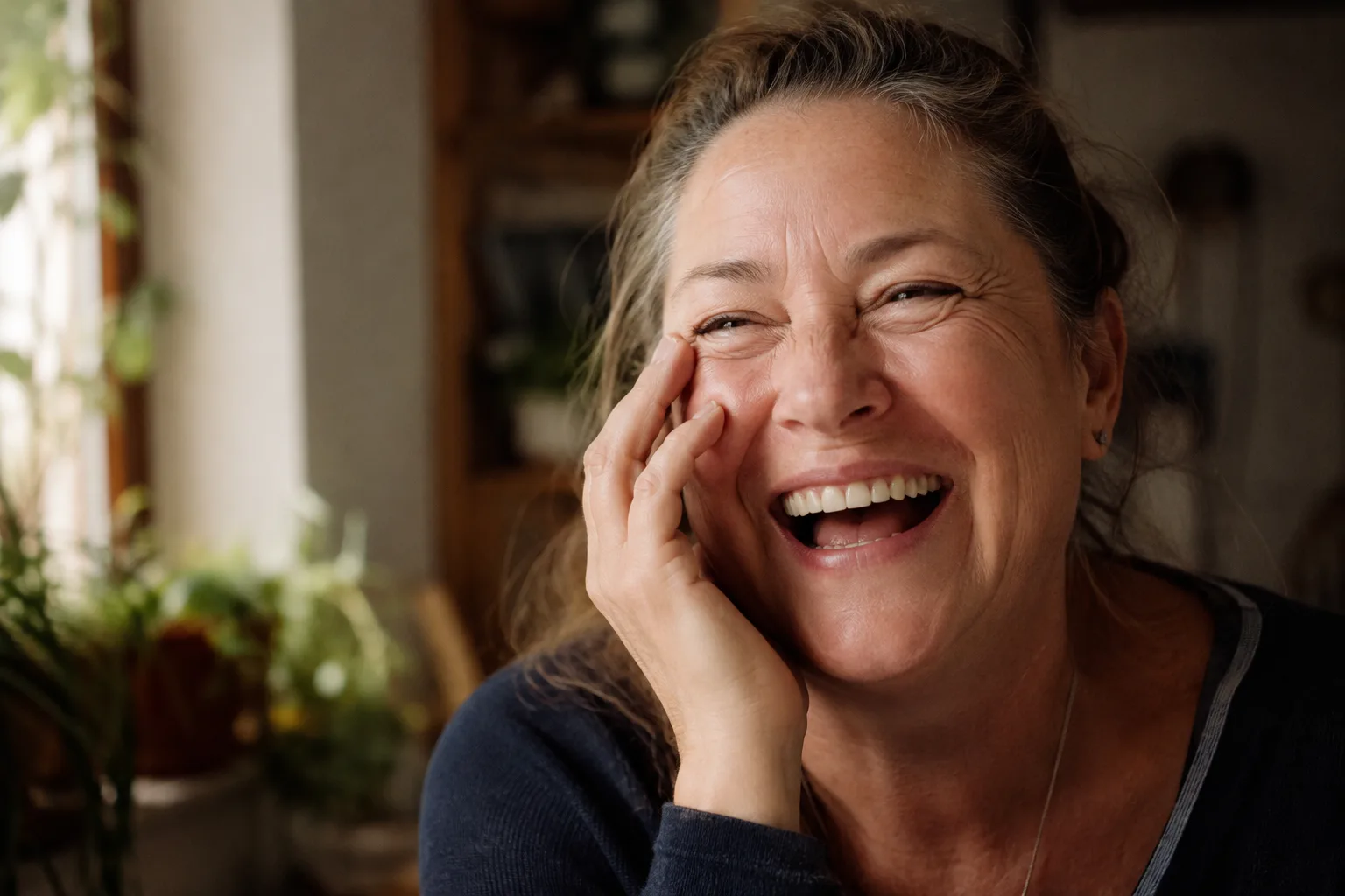 Woman in her fifties laughing openly and unguarded in warm window light